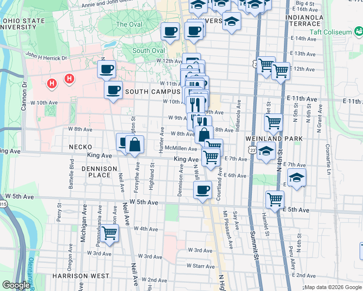 map of restaurants, bars, coffee shops, grocery stores, and more near 60 McMillen Avenue in Columbus