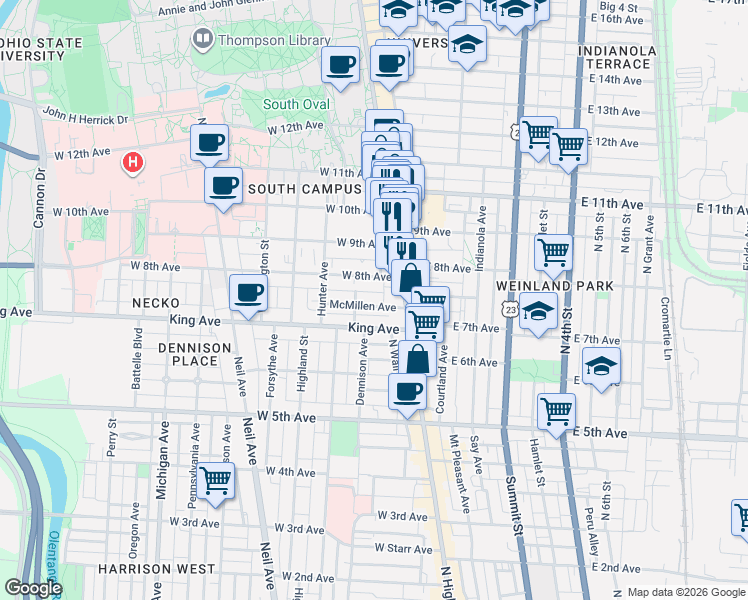 map of restaurants, bars, coffee shops, grocery stores, and more near 50 McMillen Avenue in Columbus