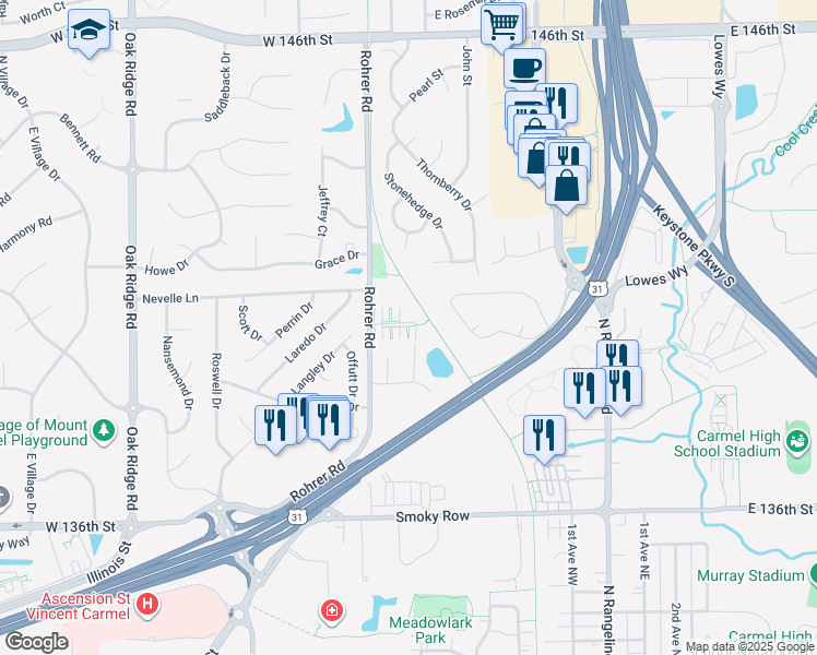 map of restaurants, bars, coffee shops, grocery stores, and more near 1101 Rohrer Road in Carmel