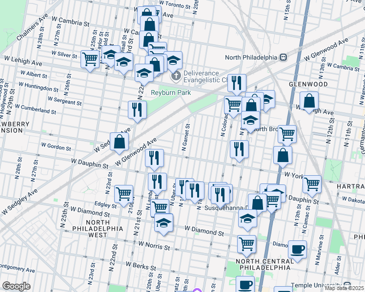 map of restaurants, bars, coffee shops, grocery stores, and more near 2430 North Garnet Street in Philadelphia