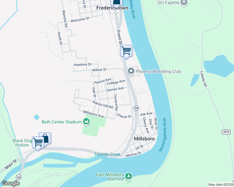 map of restaurants, bars, coffee shops, grocery stores, and more near 51 Terrace Road in Fredericktown