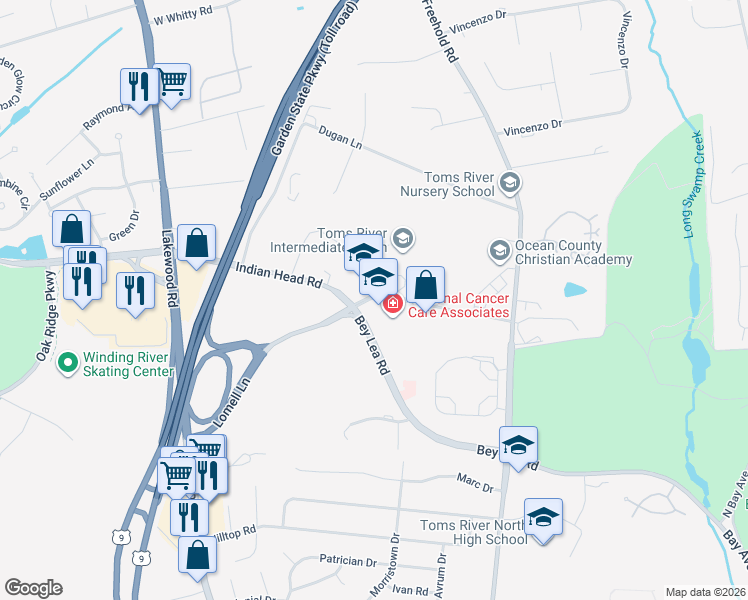 map of restaurants, bars, coffee shops, grocery stores, and more near 10 Bey Lea Road in Toms River