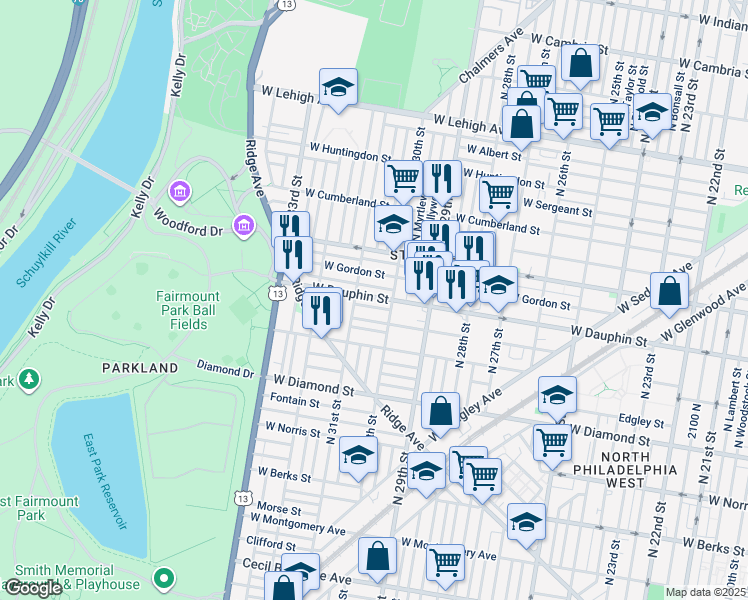 map of restaurants, bars, coffee shops, grocery stores, and more near 3020 West Dauphin Street in Philadelphia