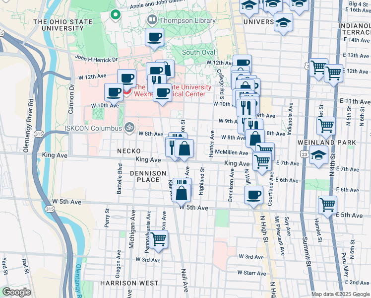 map of restaurants, bars, coffee shops, grocery stores, and more near 1450 Worthington Street in Columbus