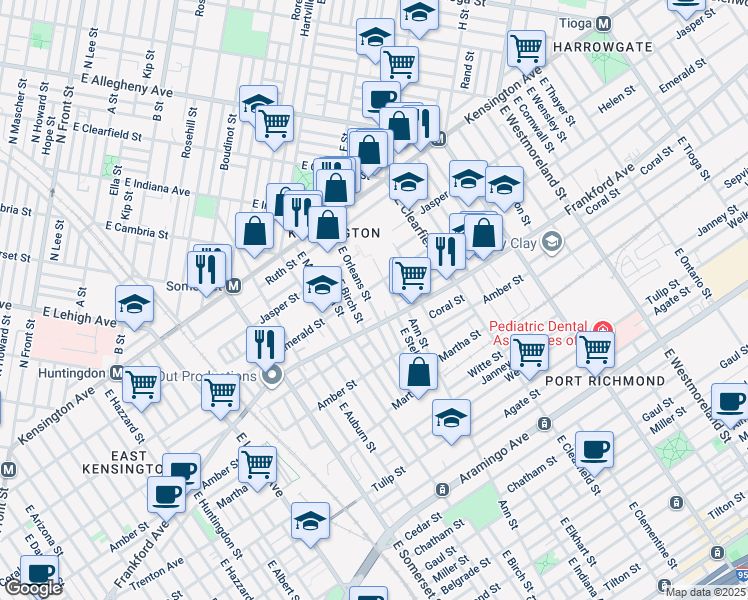 map of restaurants, bars, coffee shops, grocery stores, and more near 2015 East Orleans Street in Philadelphia