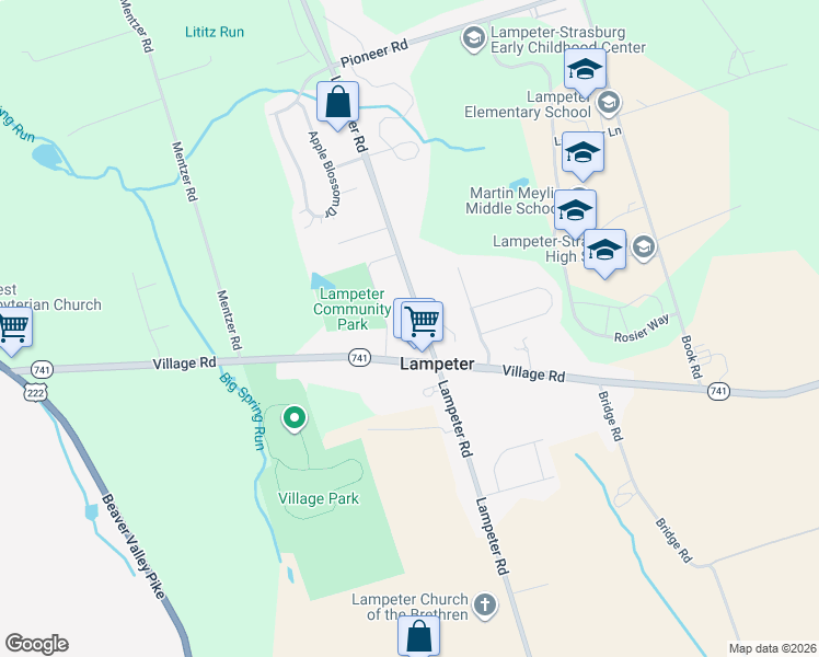 map of restaurants, bars, coffee shops, grocery stores, and more near 1626 Lampeter Road in Lancaster