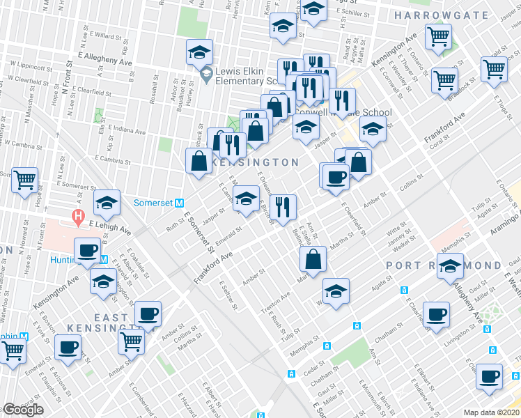map of restaurants, bars, coffee shops, grocery stores, and more near 1944 East Birch Street in Philadelphia