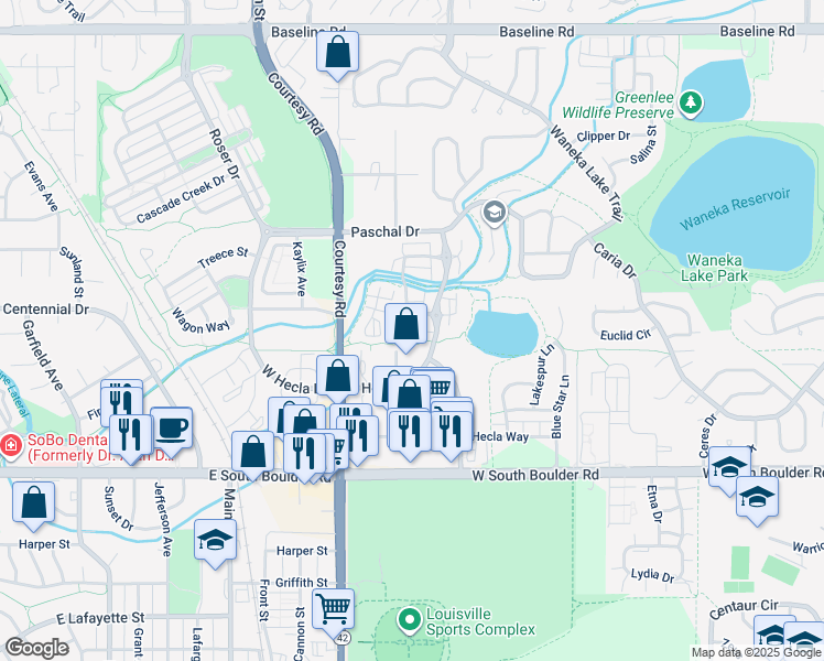 map of restaurants, bars, coffee shops, grocery stores, and more near 2123 Hecla Drive in Louisville