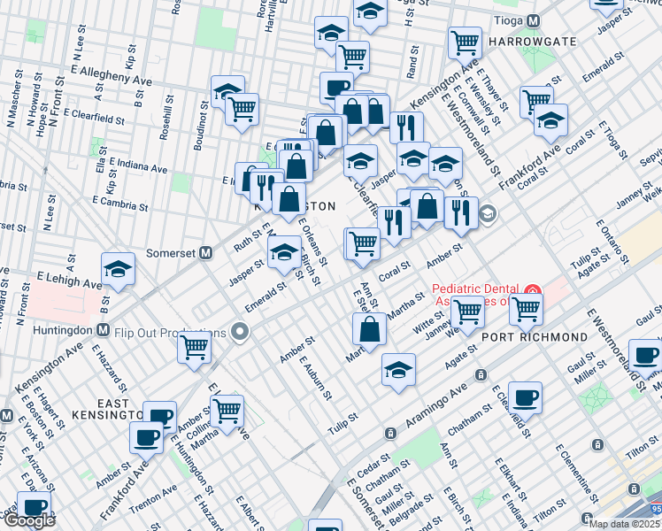 map of restaurants, bars, coffee shops, grocery stores, and more near 2015 East Orleans Street in Philadelphia