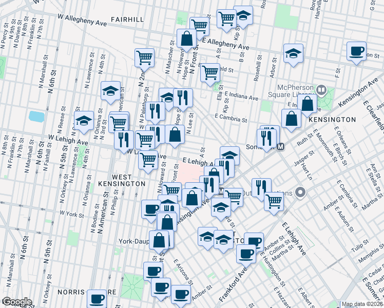 map of restaurants, bars, coffee shops, grocery stores, and more near 105 East Silver Street in Philadelphia