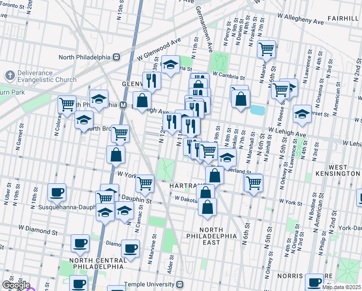 map of restaurants, bars, coffee shops, grocery stores, and more near 1112 West Huntingdon Street in Philadelphia
