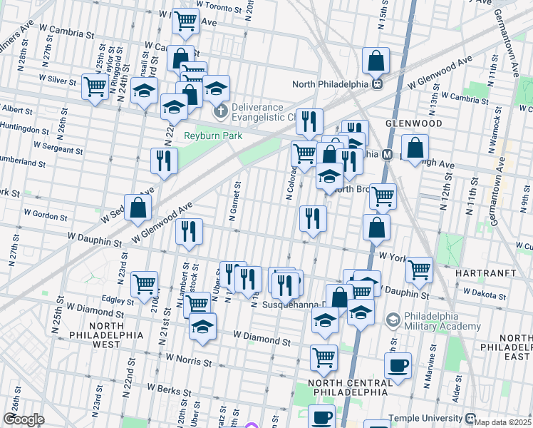 map of restaurants, bars, coffee shops, grocery stores, and more near 2461 North Cleveland Street in Philadelphia