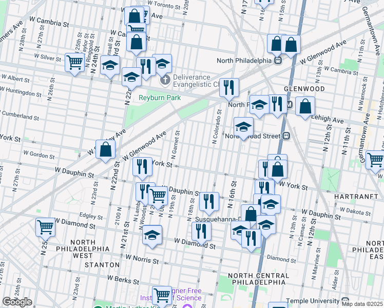 map of restaurants, bars, coffee shops, grocery stores, and more near 2461 North Cleveland Street in Philadelphia