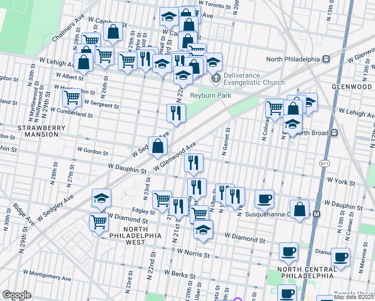 map of restaurants, bars, coffee shops, grocery stores, and more near 2408 North 21st Street in Philadelphia