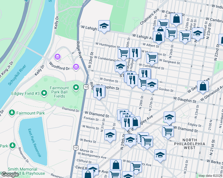 map of restaurants, bars, coffee shops, grocery stores, and more near 2301 North 31st Street in Philadelphia