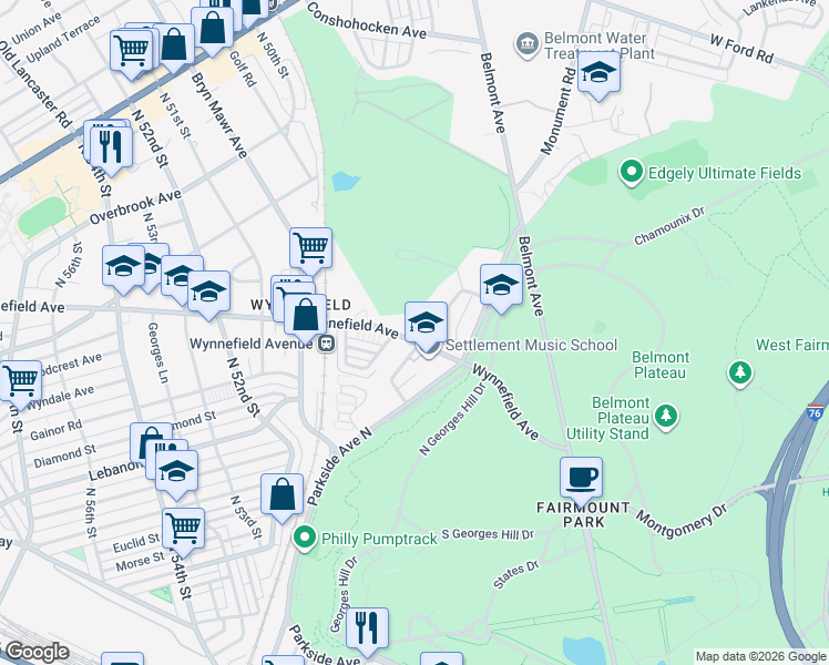 map of restaurants, bars, coffee shops, grocery stores, and more near 4923 Monument Road in Philadelphia