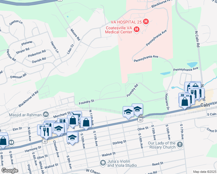 map of restaurants, bars, coffee shops, grocery stores, and more near 30 Carver Court in Coatesville