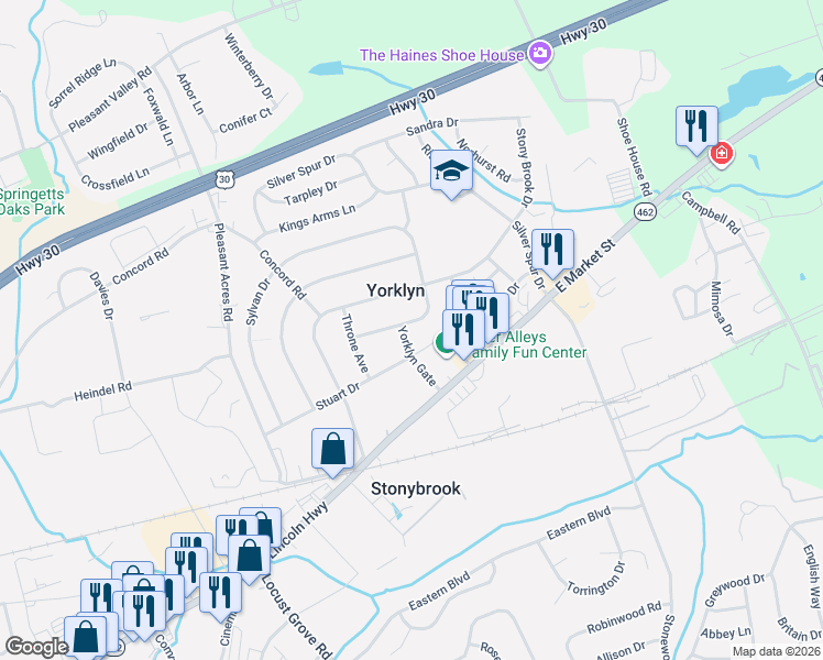 map of restaurants, bars, coffee shops, grocery stores, and more near 3879 Hearthstone Court in York