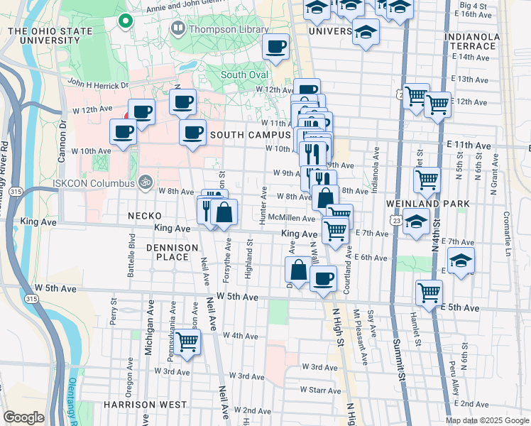map of restaurants, bars, coffee shops, grocery stores, and more near in Columbus