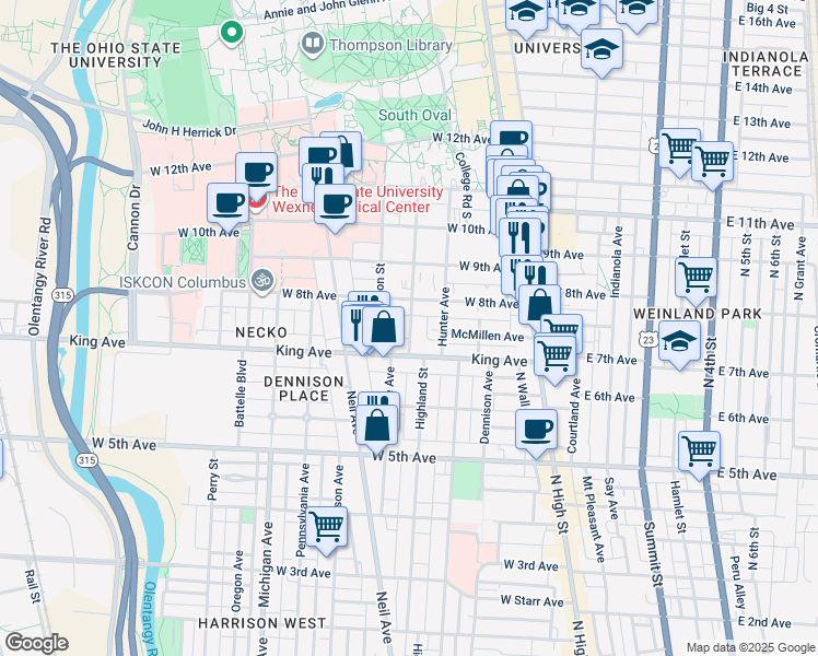 map of restaurants, bars, coffee shops, grocery stores, and more near 1465 Highland Street in Columbus