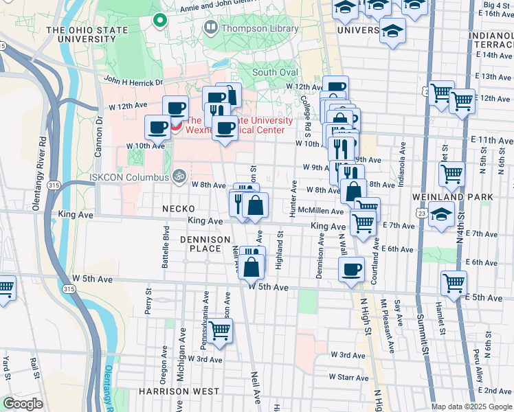 map of restaurants, bars, coffee shops, grocery stores, and more near 1465 Highland Street in Columbus