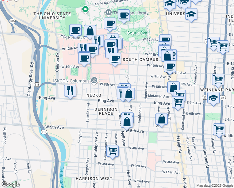 map of restaurants, bars, coffee shops, grocery stores, and more near in Columbus