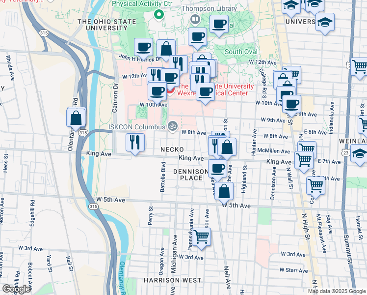 map of restaurants, bars, coffee shops, grocery stores, and more near 1484 Michigan Avenue in Columbus