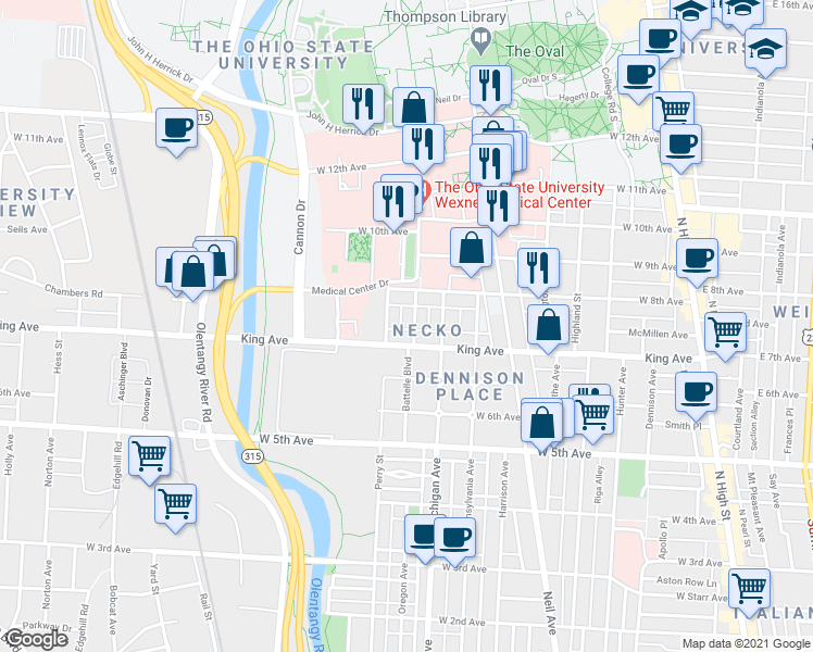 map of restaurants, bars, coffee shops, grocery stores, and more near 1498 Belmont Avenue in Columbus