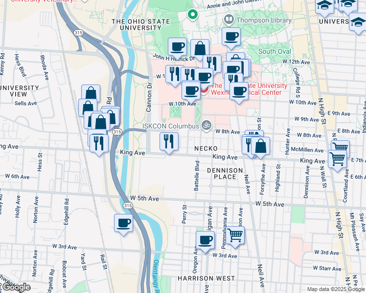 map of restaurants, bars, coffee shops, grocery stores, and more near 1497 Perry Street in Columbus