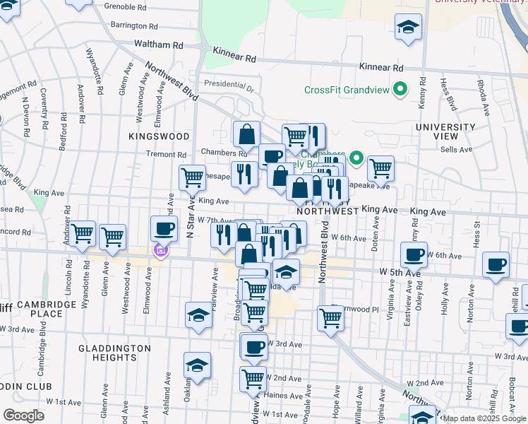 map of restaurants, bars, coffee shops, grocery stores, and more near 1635 Grandview Avenue in Columbus