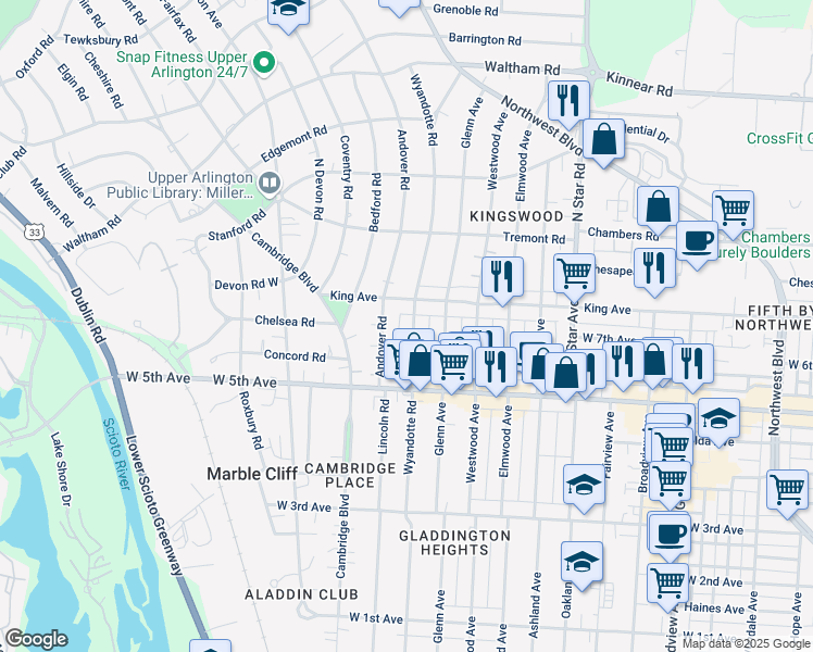 map of restaurants, bars, coffee shops, grocery stores, and more near 1708 Wyandotte Road in Columbus
