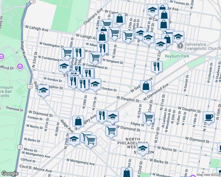 map of restaurants, bars, coffee shops, grocery stores, and more near 2543 West Gordon Street in Philadelphia
