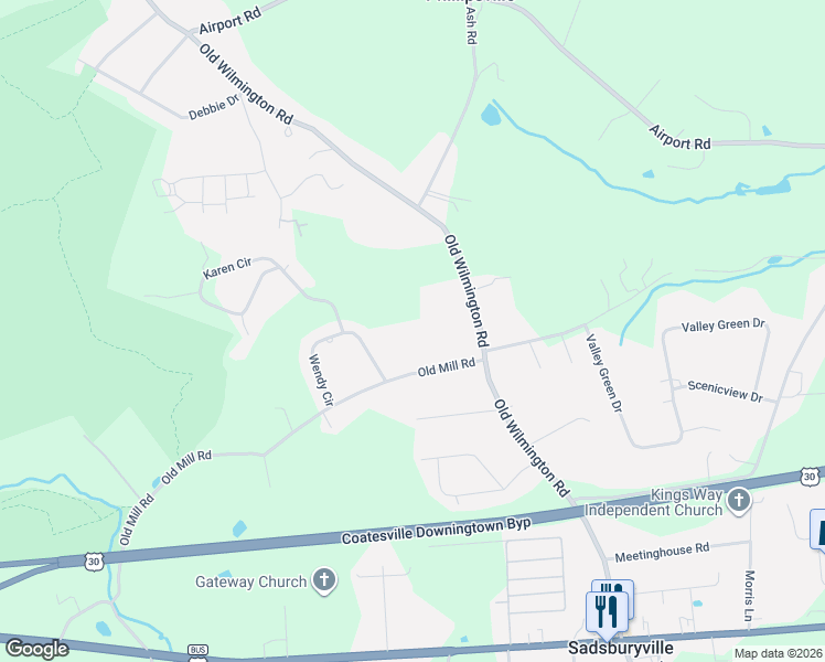 map of restaurants, bars, coffee shops, grocery stores, and more near 17 Old Mill Road in Coatesville
