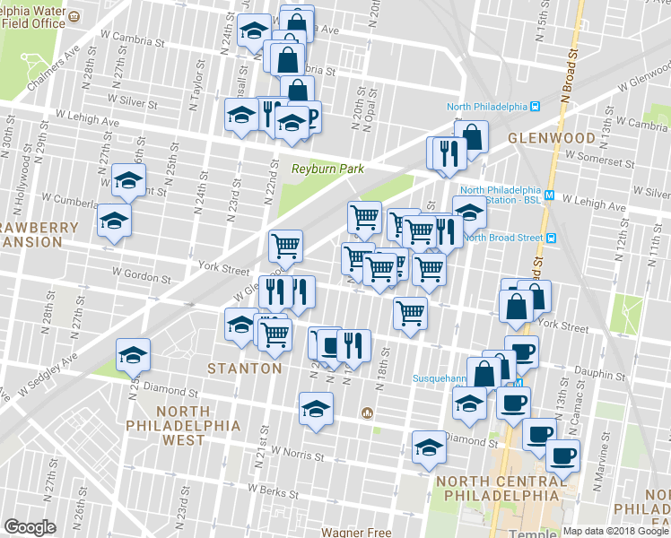 map of restaurants, bars, coffee shops, grocery stores, and more near 2427 North 20th Street in Philadelphia