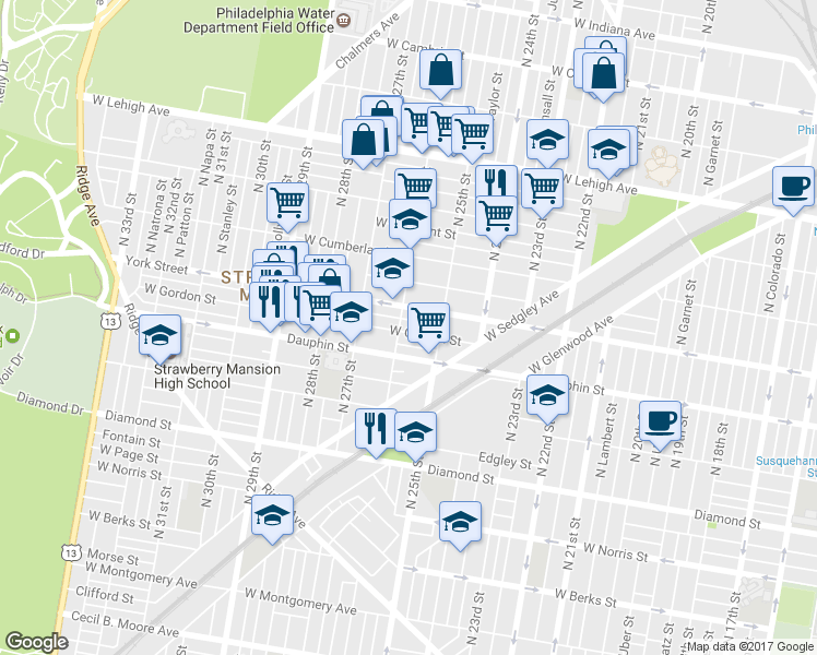 map of restaurants, bars, coffee shops, grocery stores, and more near 2543 West Gordon Street in Philadelphia