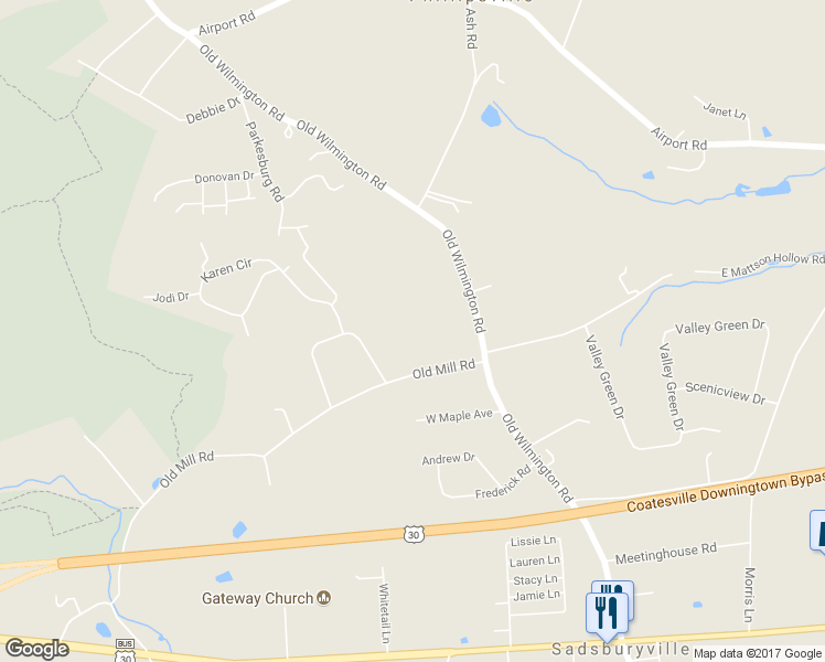 map of restaurants, bars, coffee shops, grocery stores, and more near 17 Old Mill Road in Coatesville