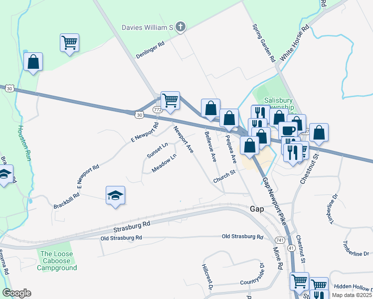 map of restaurants, bars, coffee shops, grocery stores, and more near 746 Newport Avenue in Gap