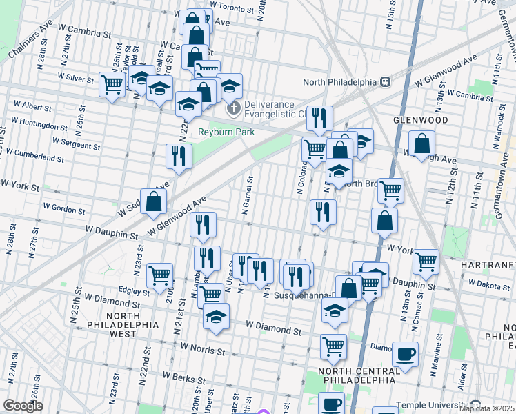 map of restaurants, bars, coffee shops, grocery stores, and more near 2440 North Colorado Street in Philadelphia