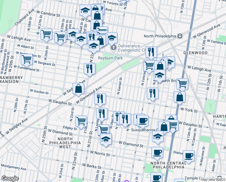 map of restaurants, bars, coffee shops, grocery stores, and more near 2427 North 20th Street in Philadelphia