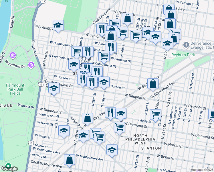 map of restaurants, bars, coffee shops, grocery stores, and more near 2323 North 27th Street in Philadelphia
