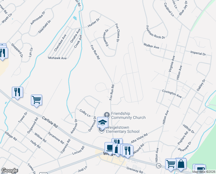 map of restaurants, bars, coffee shops, grocery stores, and more near 3488 Fox Ridge Court in Dover