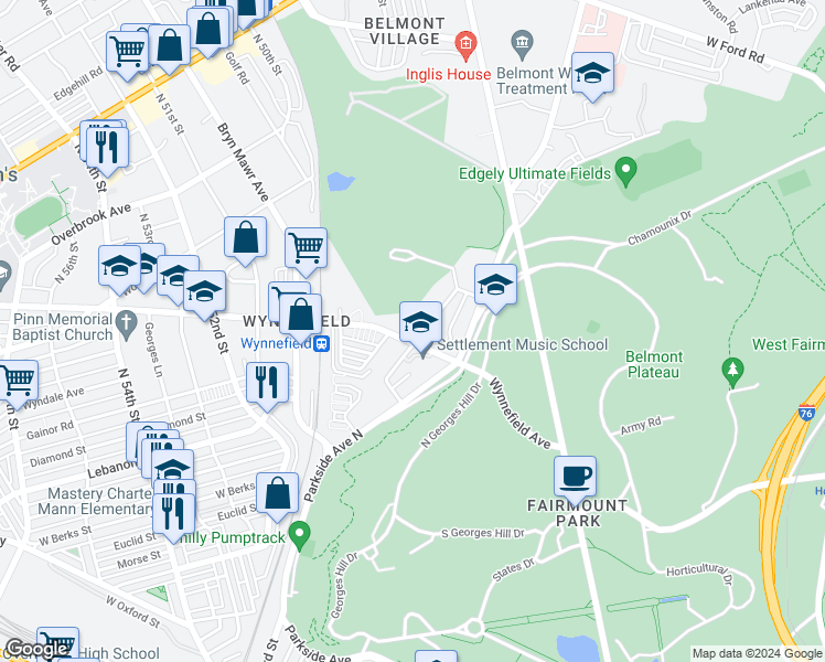 map of restaurants, bars, coffee shops, grocery stores, and more near 4915 Wynnefield Avenue in Philadelphia
