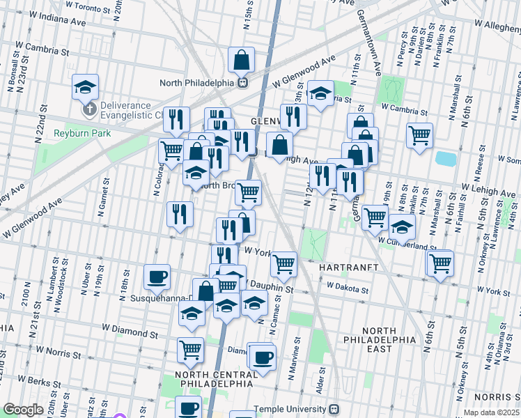 map of restaurants, bars, coffee shops, grocery stores, and more near 2101 West Lehigh Avenue in Philadelphia