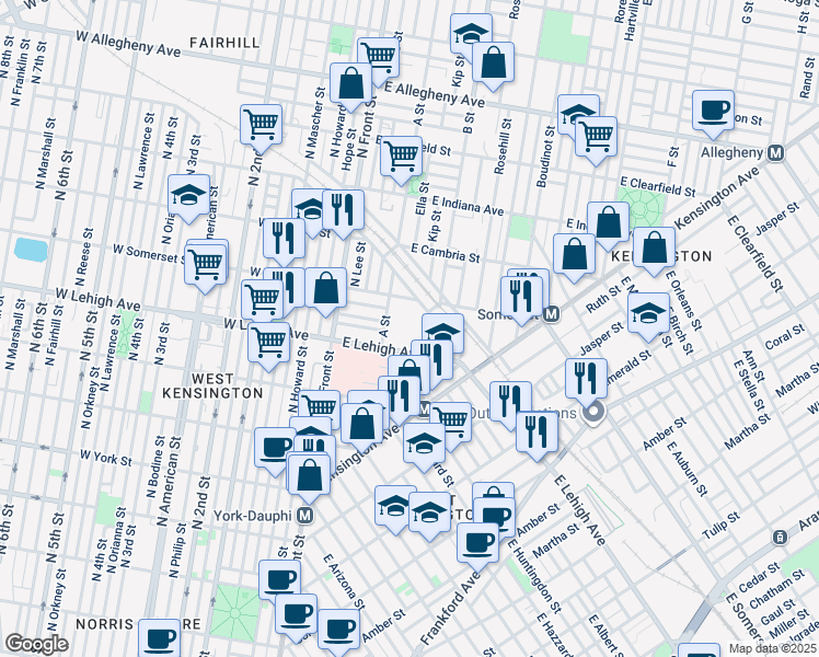 map of restaurants, bars, coffee shops, grocery stores, and more near 201 East Lehigh Avenue in Philadelphia