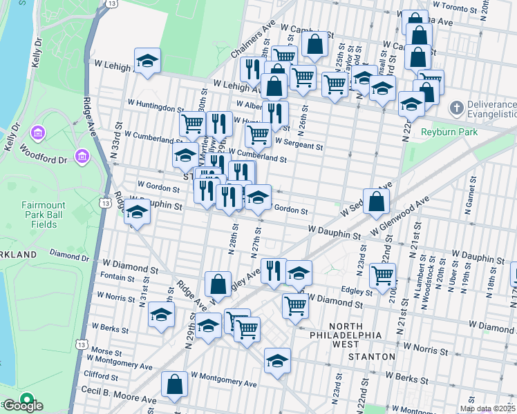 map of restaurants, bars, coffee shops, grocery stores, and more near 2322 North 27th Street in Philadelphia