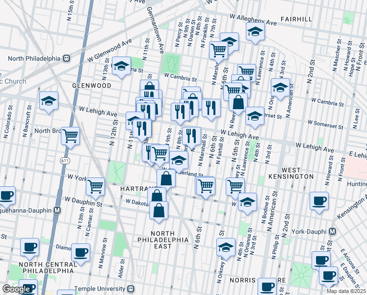 map of restaurants, bars, coffee shops, grocery stores, and more near 723 West Huntingdon Street in Philadelphia
