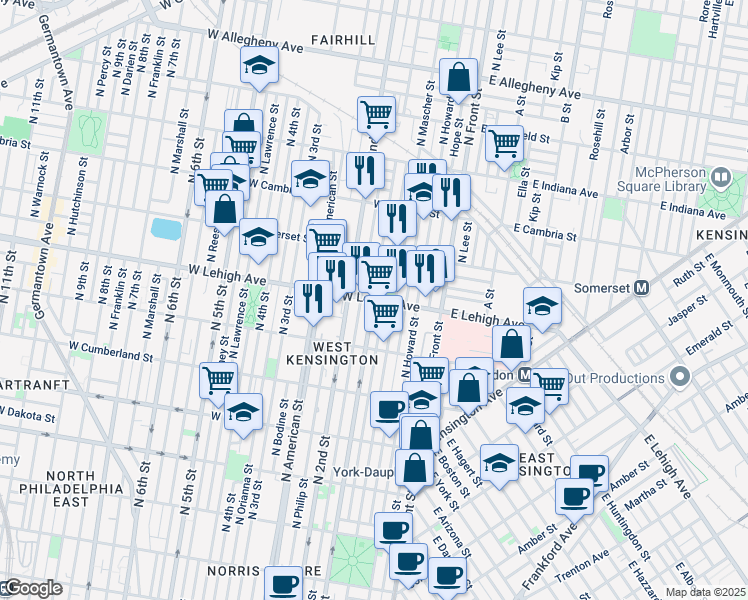 map of restaurants, bars, coffee shops, grocery stores, and more near 2698 North Hancock Street in Philadelphia