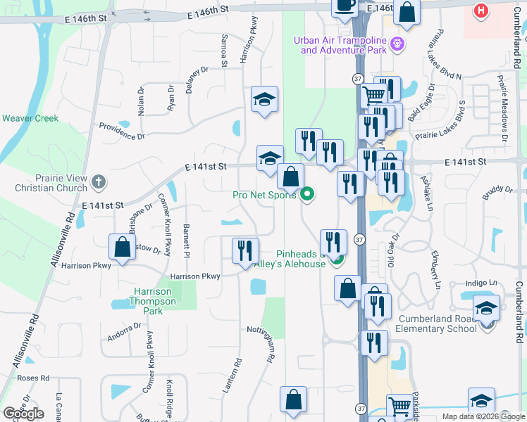 map of restaurants, bars, coffee shops, grocery stores, and more near 13972 Whittier Drive in Fishers