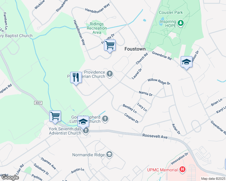 map of restaurants, bars, coffee shops, grocery stores, and more near 1230 Church Road in York