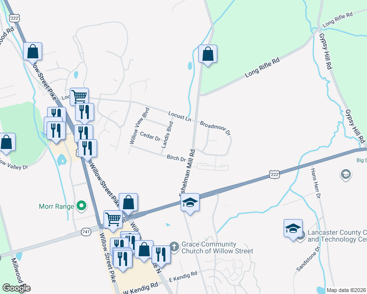 map of restaurants, bars, coffee shops, grocery stores, and more near 1608 Eshelman Mill Road in Willow Street